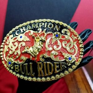 Western belt Buckle Bullrider Large Oval Red and G